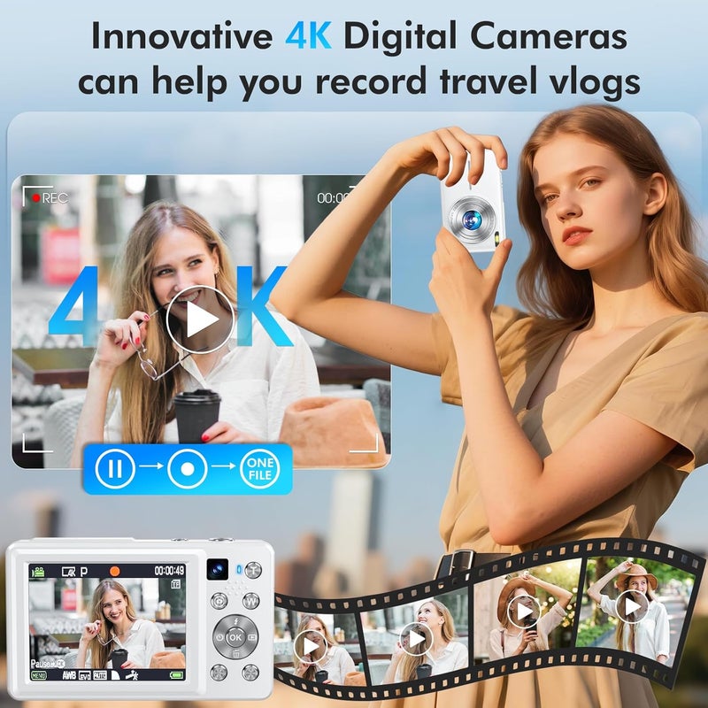 Froitx 4K Digital Camera, 64MP Autofocus Vlogging Camera with Dual Lens, 16X Digital Zoom YouTube Compact Travel Point Shoot Camera for Teens Beginner, Anti-Shake,2 Batteries, 32GB Card (White) - Image 2